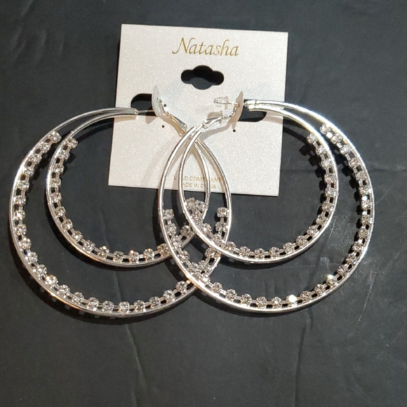 Natasha Couture Jewelry - Natasha couture silver tone cz crystal rhinestone trim double‎ hoop earrings new